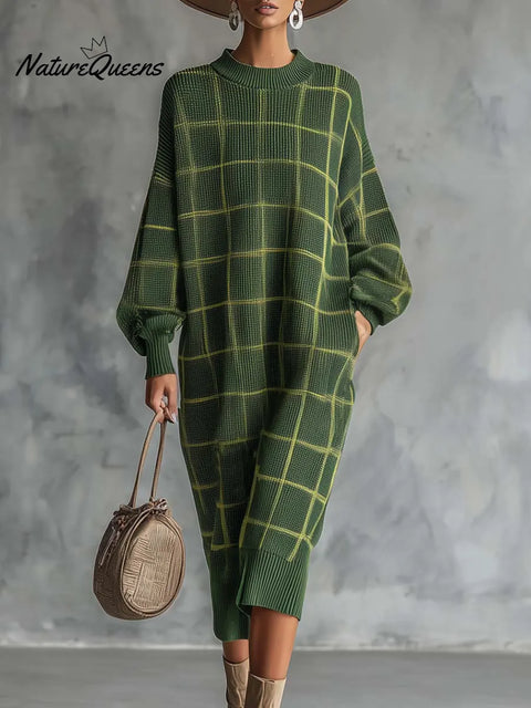 Women's Plaid Print Round Neck Long-sleeved Casual Loose Knit Dress