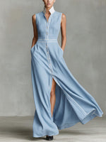 Women's Collared Sleeveless Casual Loose Long Cotton Linen Dress