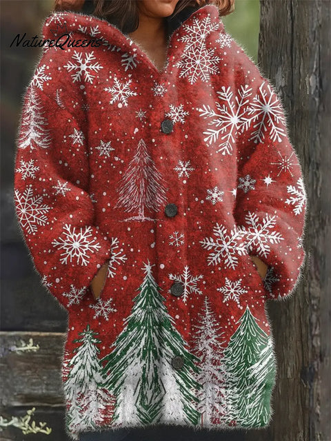 Women's Christmas Tree  Art Print Casual Plush Warm Coat