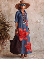 Casual Artistic Lily-print Cotton Polo Dress