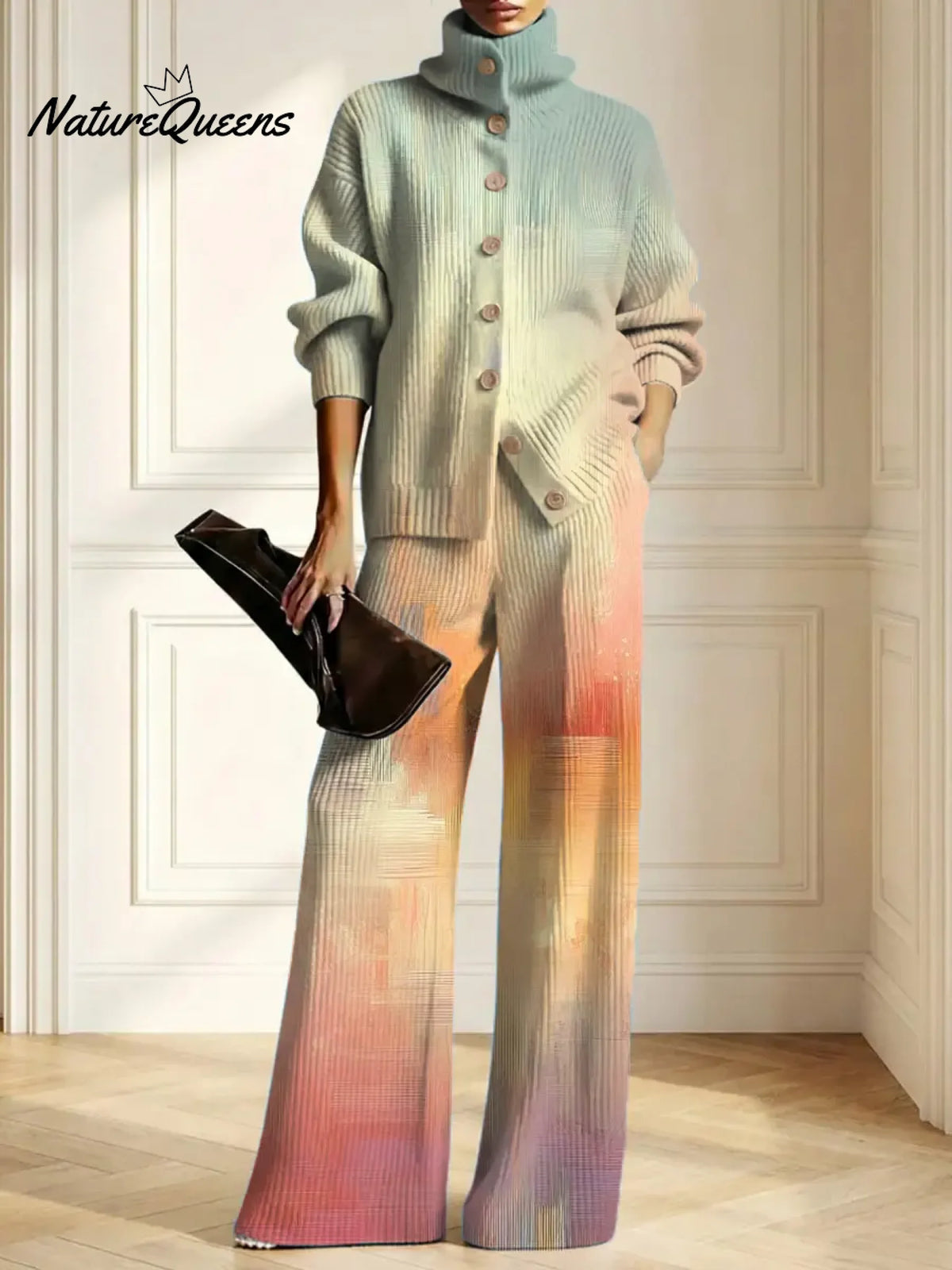 Women's Gradient Color Art Print Casual Cotton Knitted Suits