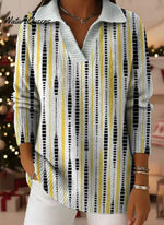 Geometric Square Vertical Stripe Decorative Pattern Women's Casual Shirt Collar Long Sleeve Sweater