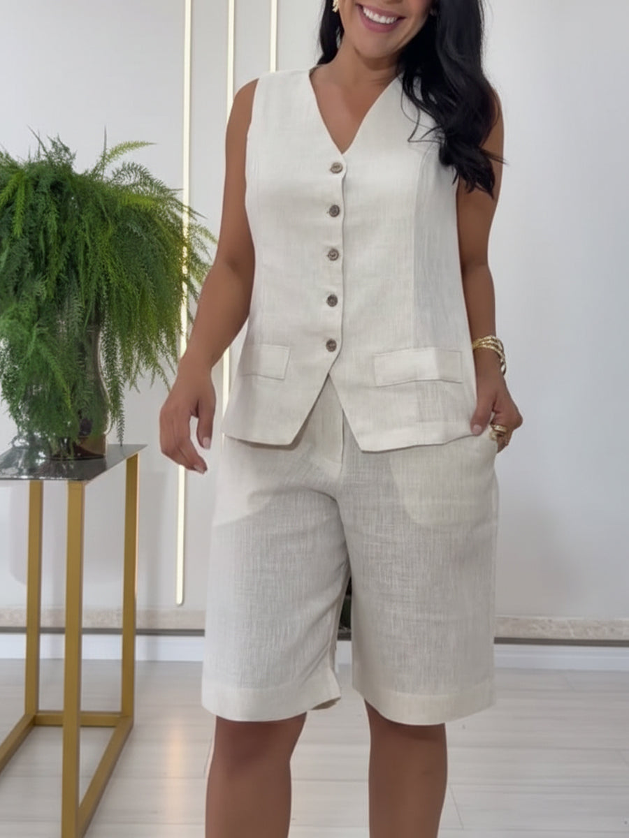 Casual Linen And Cotton Vest And Bermuda Shorts Two-piece Set