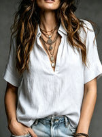 Women's Casual V-neck Short-sleeve Solid-color Cotton-linen Top