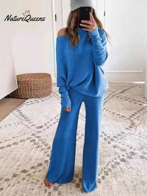 Women's Casual Solid Color Batwing Long-sleeve Two-piece Set