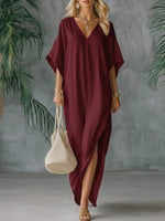 Women's Solid Color V-neck 3/4 Sleeve Casual Loose Cotton And Linen Dress