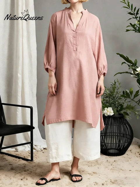 Women's Solid Color V-neck 3/4 Sleeve Casual Loose Fit Cotton Long Shirt