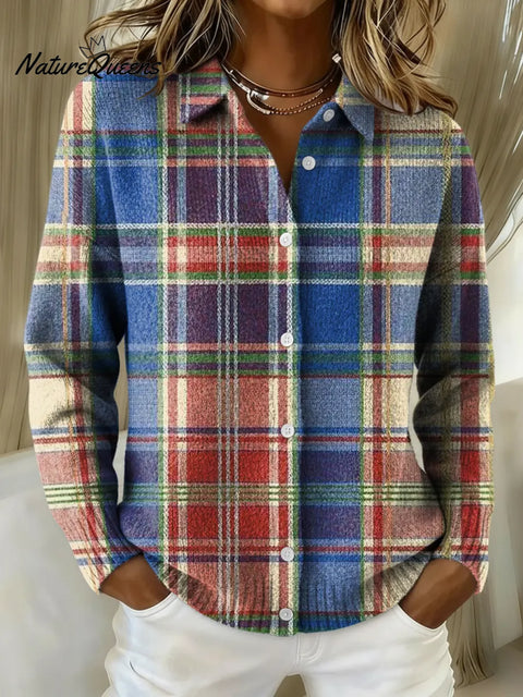 Women's Retro Plaid Printed Collared Sweater
