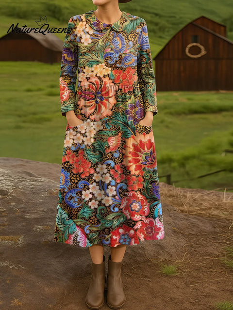 Women's Ethnic Floral Art Print Cotton Lapel Button-Down Shirt Dress