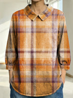 Women's Plaid Pattern Art Print Casual Denim 3/4 Sleeve Shirt