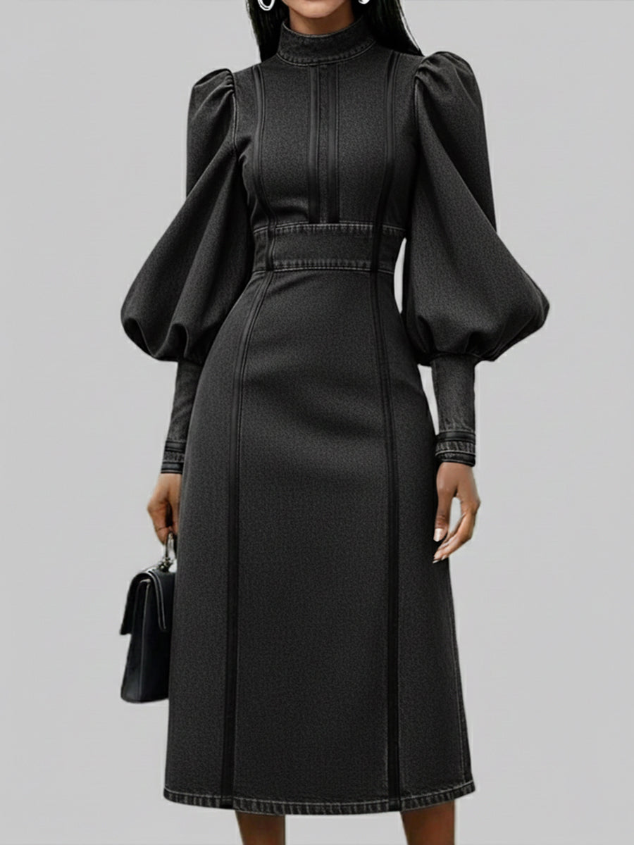 Fashionable Patchwork Leather Lantern Sleeve Denim Dress