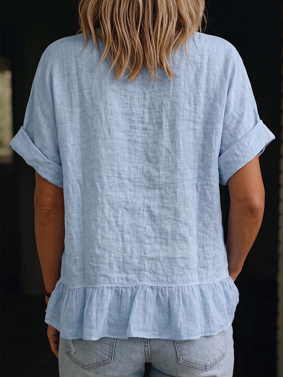 Women's Solid-color V-neck Short-sleeve Casual Loose-fit Cotton-linen & Chiffon Panel Top