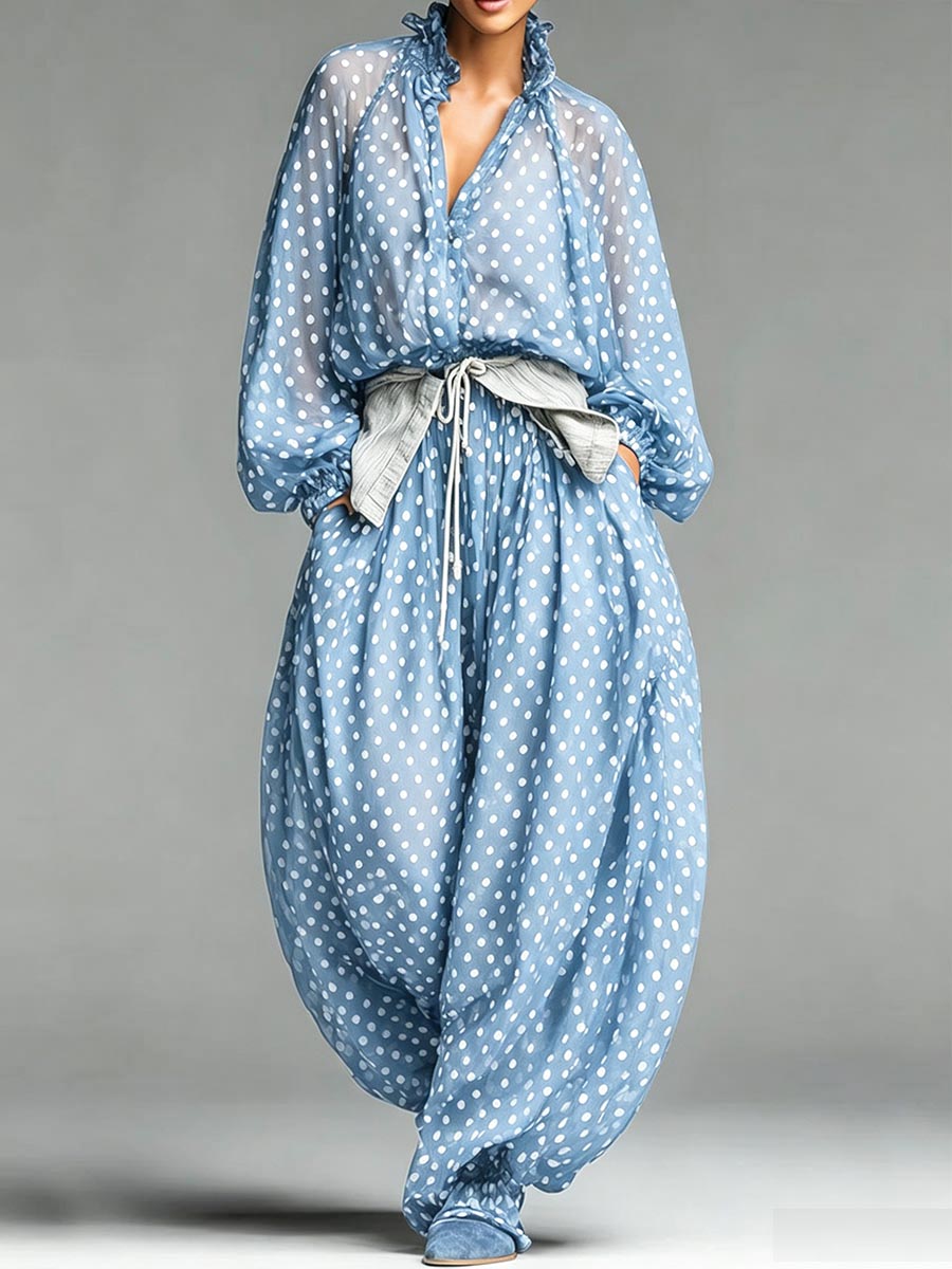 Women's Polka Dot Print V-neck Long-sleeve Loose Chiffon Top & High-waisted Wide-leg Pants Set