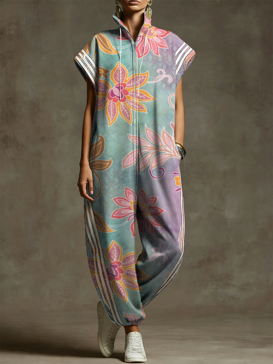Women's Retro Floral Print Stand-collar Short-sleeve Casual Loose Cotton Wide-leg Jumpsuit