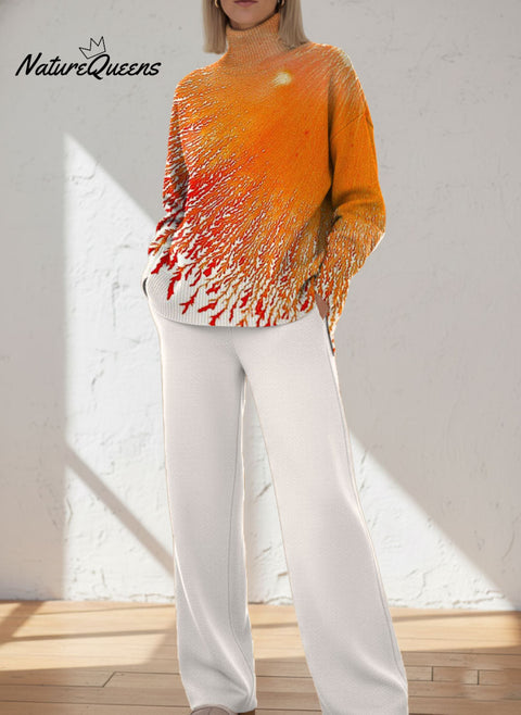 Women's Abstract Gradient Pattern Art Print Casual Knitted Cotton Top Pants Suit