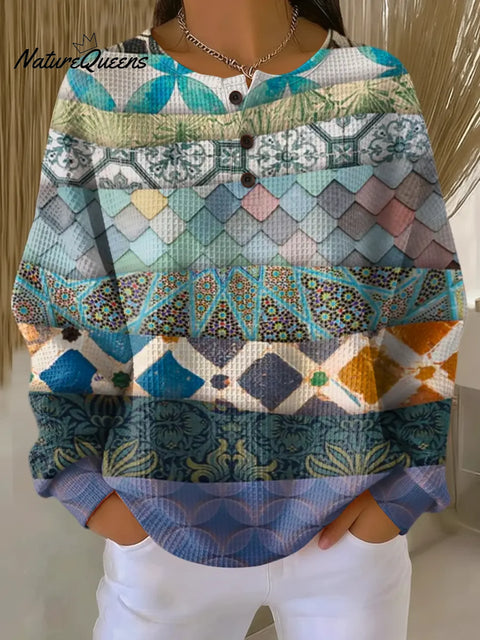 Women's Abstract Pattern Art Print Casual Waffle Sweatshirt