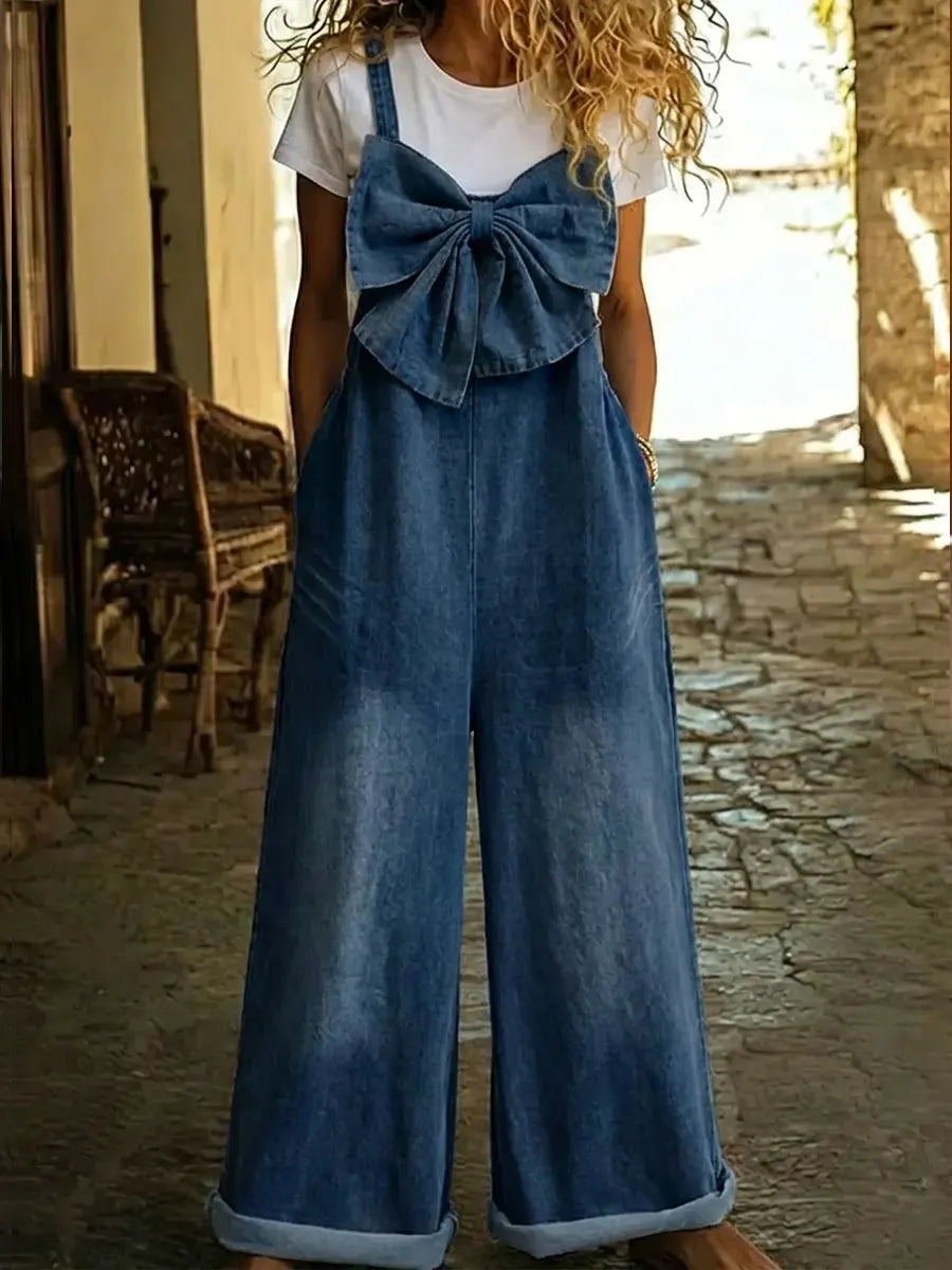 Women's Bow-tie Casual Washed Denim Wide-leg Jumpsuit