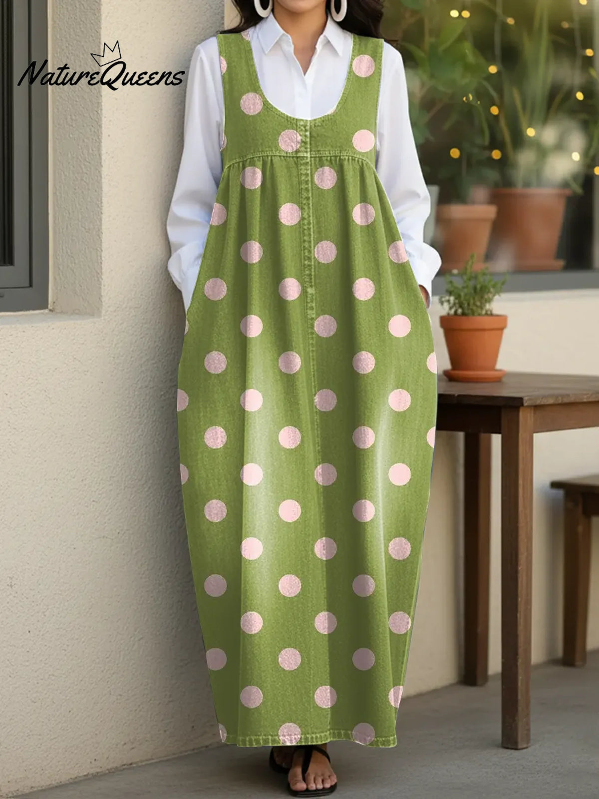 Women's Green Cute Polka Dots Casual Loose Denim Vest Dress