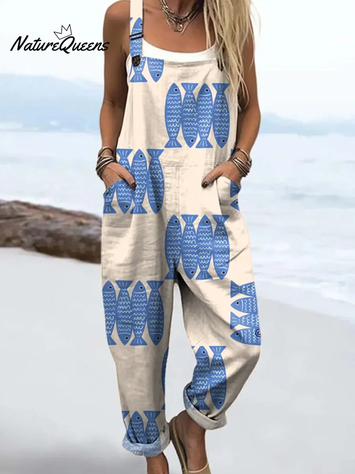 Women's Vintage FishArt Print Casual 100% Cotton Wide Leg Jumpsuit