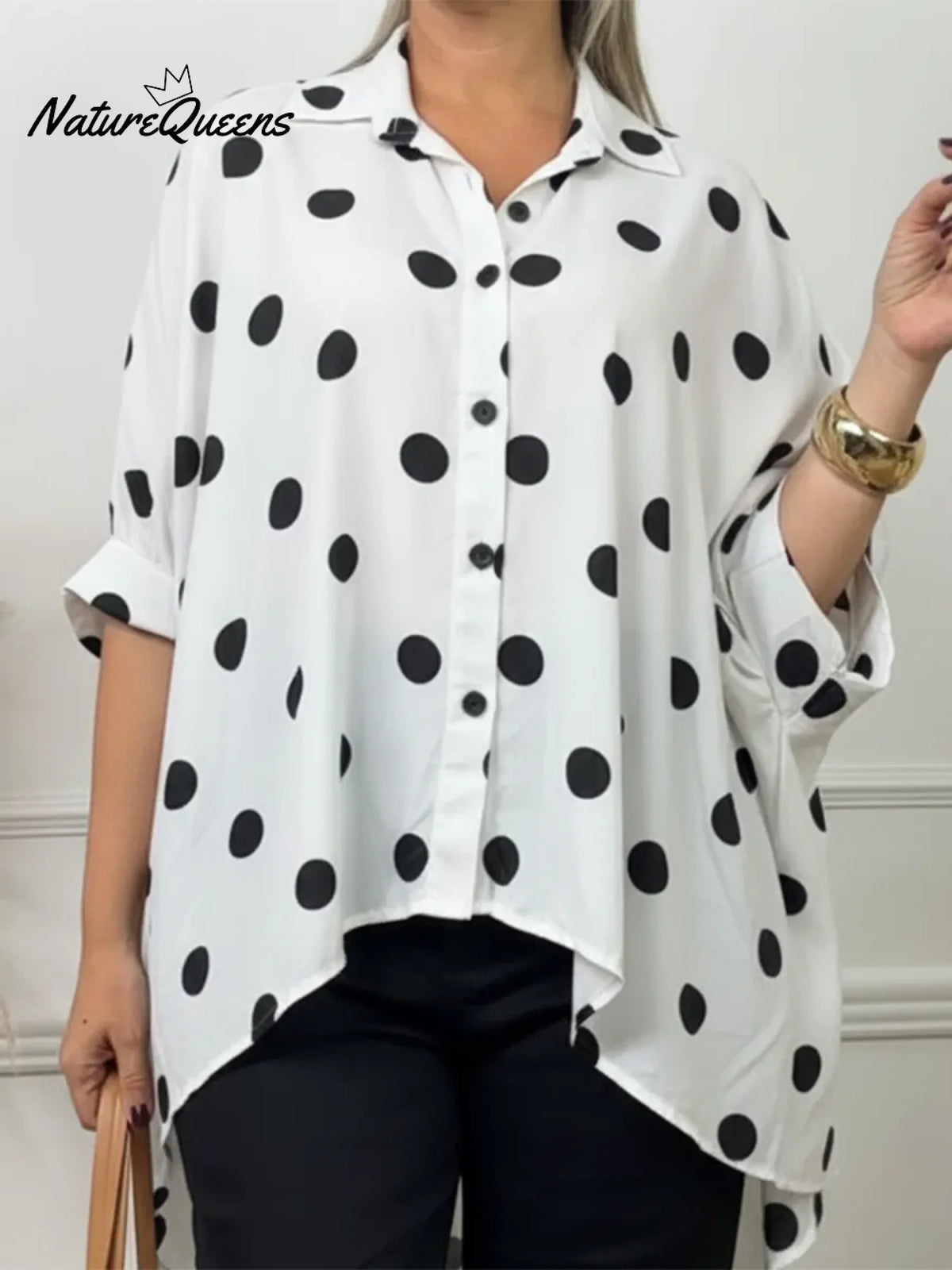 Artistic Polka Dot Print Irregular Hem Shirt