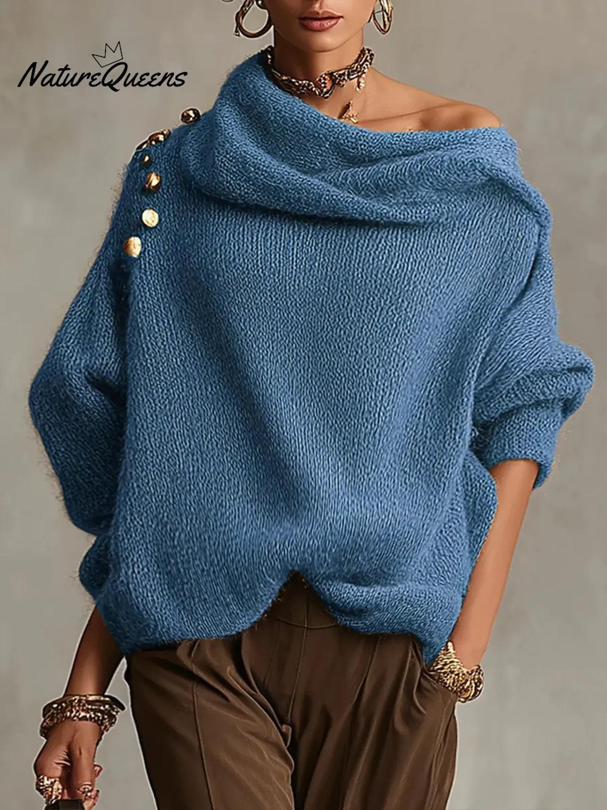 Women's Solid Color Off-the-shoulder Long-sleeved Casual Loose-fitting Knitted Sweater