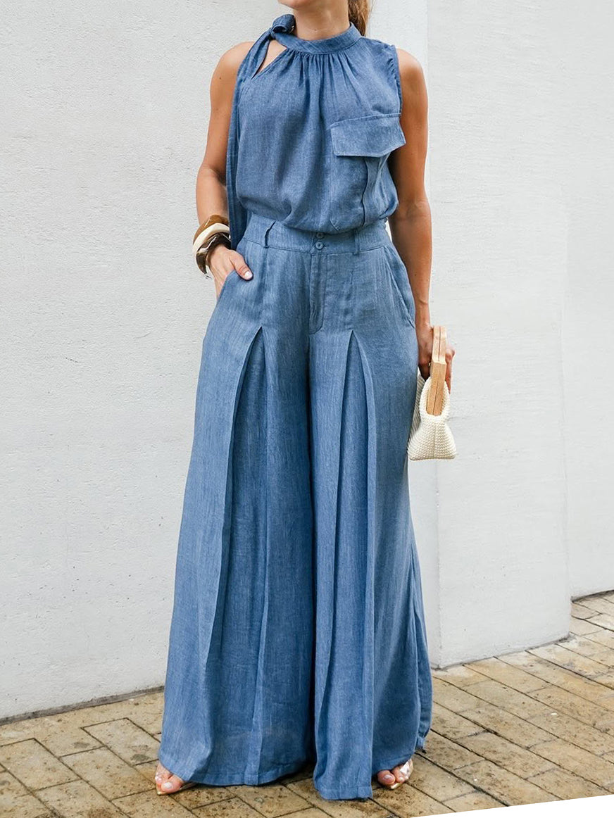 Elegant Halter Top And Wide-leg Pants Two-piece Set