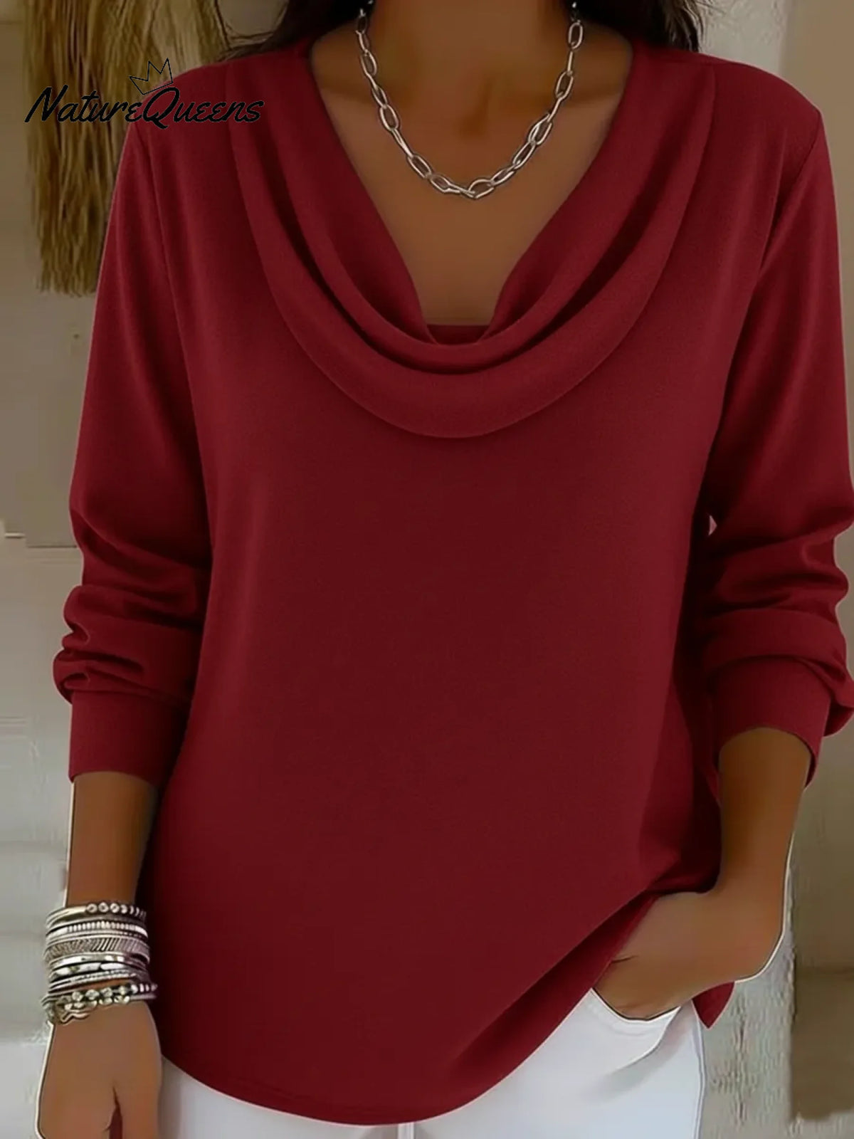 Cozy Cowl Collar Solid Color Stretch Sweater Top