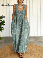 Women's Vintage Flower Pattern Art Print Casual Cotton Denim Dress