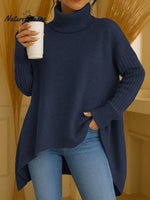Women's Solid Color Turtleneck Casual Loose Irregular Hem Knitted Top