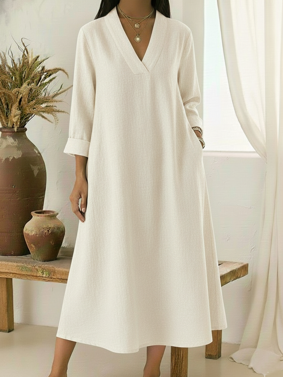 Casual V-neck Cotton And Linen A-line Dress