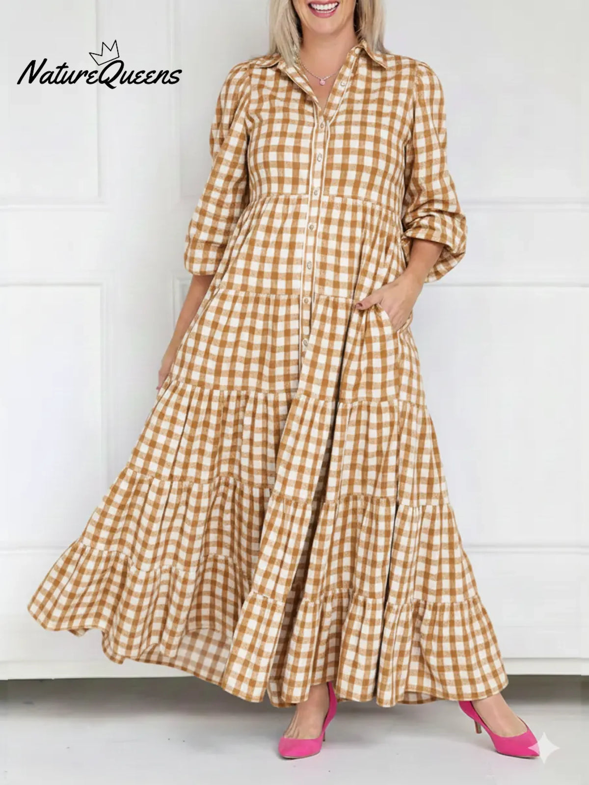 Women's Plaid Long-sleeved Cotton Dress