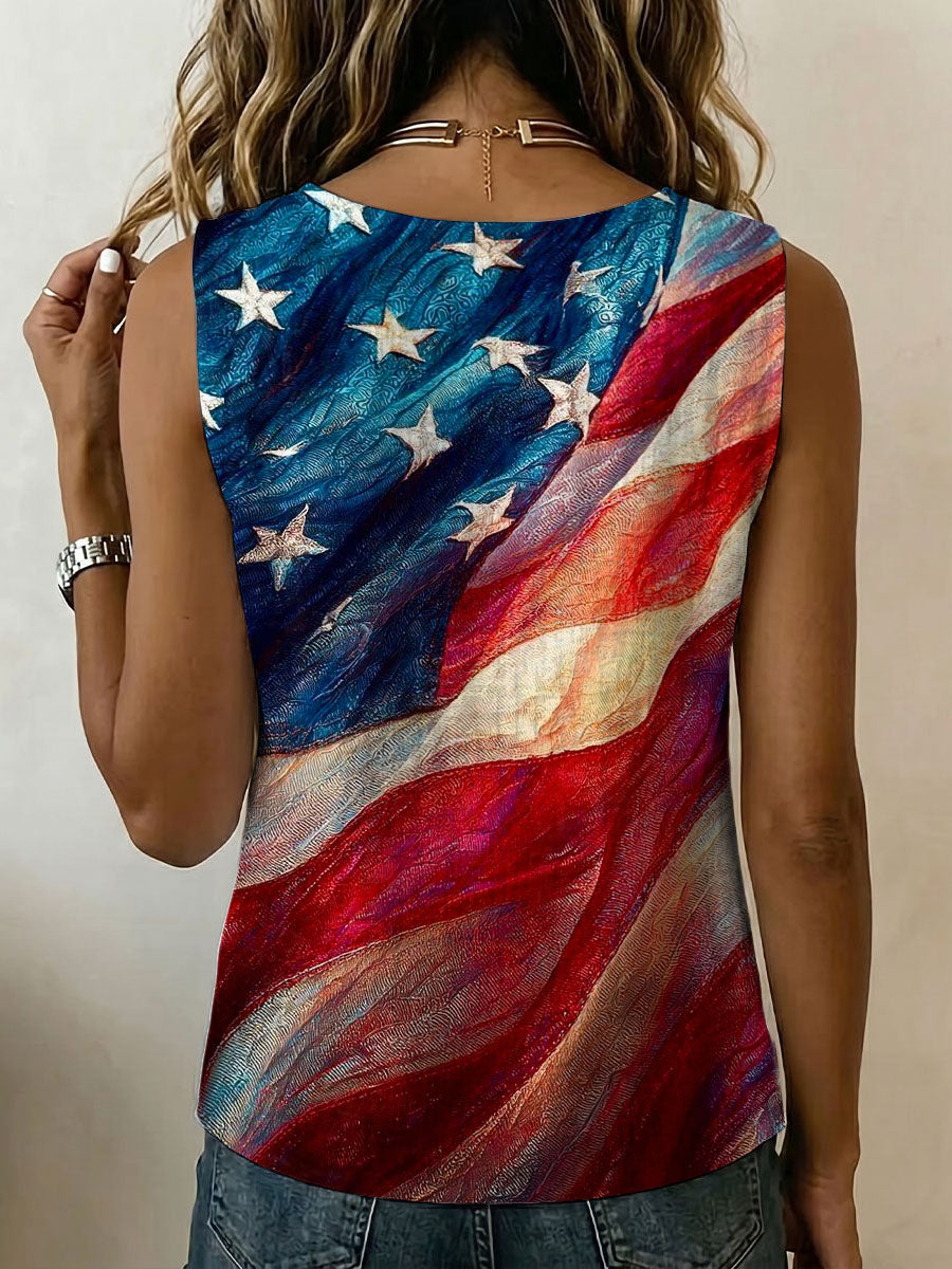 Independence Day American Flag Decorative Pattern Women's No Sleeve Cotton Shirt