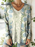 Women's Floral Pattern Art Print V-neck Casual Cotton T-shirt