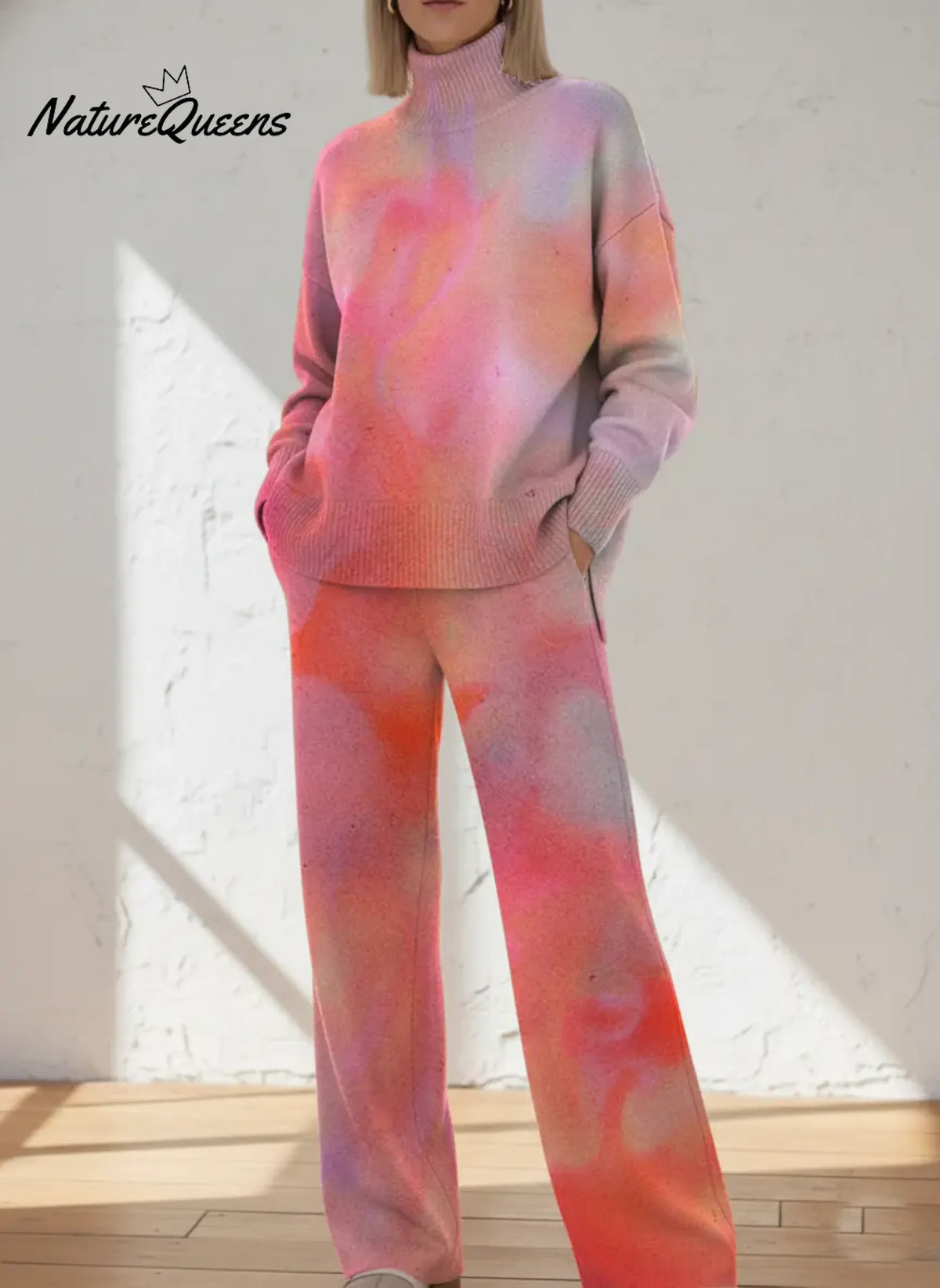 Women's Gradient Pattern Art Print Casual Knitted Cotton Top Pants Suit