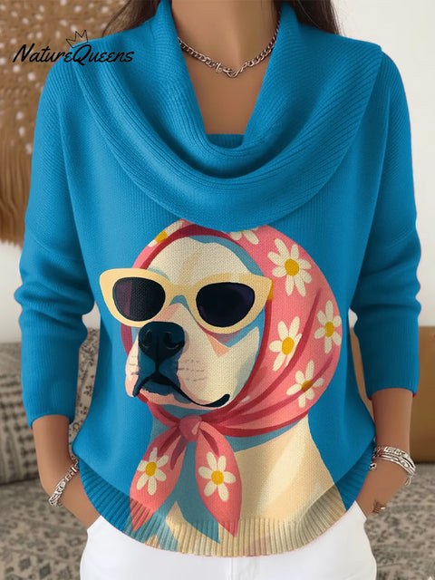 Women's Funny Dog Pattern Art Print Casual Cowl Neck Sweater
