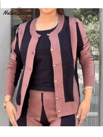 Women's Comfortable Knit Striped Cardigan And Pants Two-piece Set