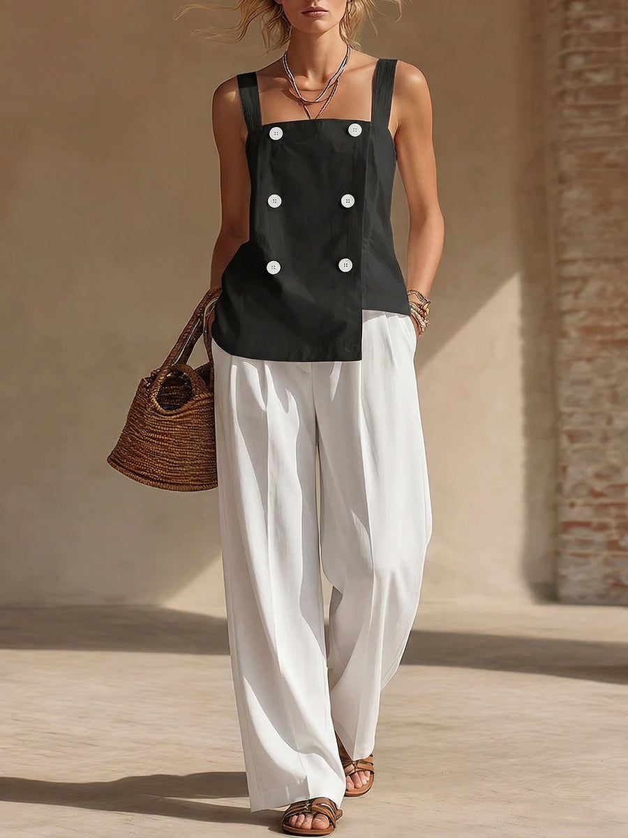 Minimalist Button Shirt And Wide-leg Pants Two-piece Set