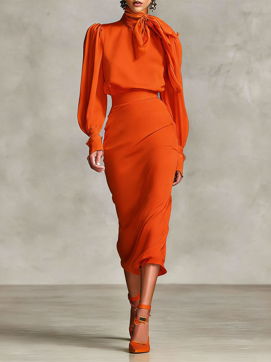 Women's Retro-style Tie-waist Long-sleeved Stand Collar Comfortable Minimalist Dress