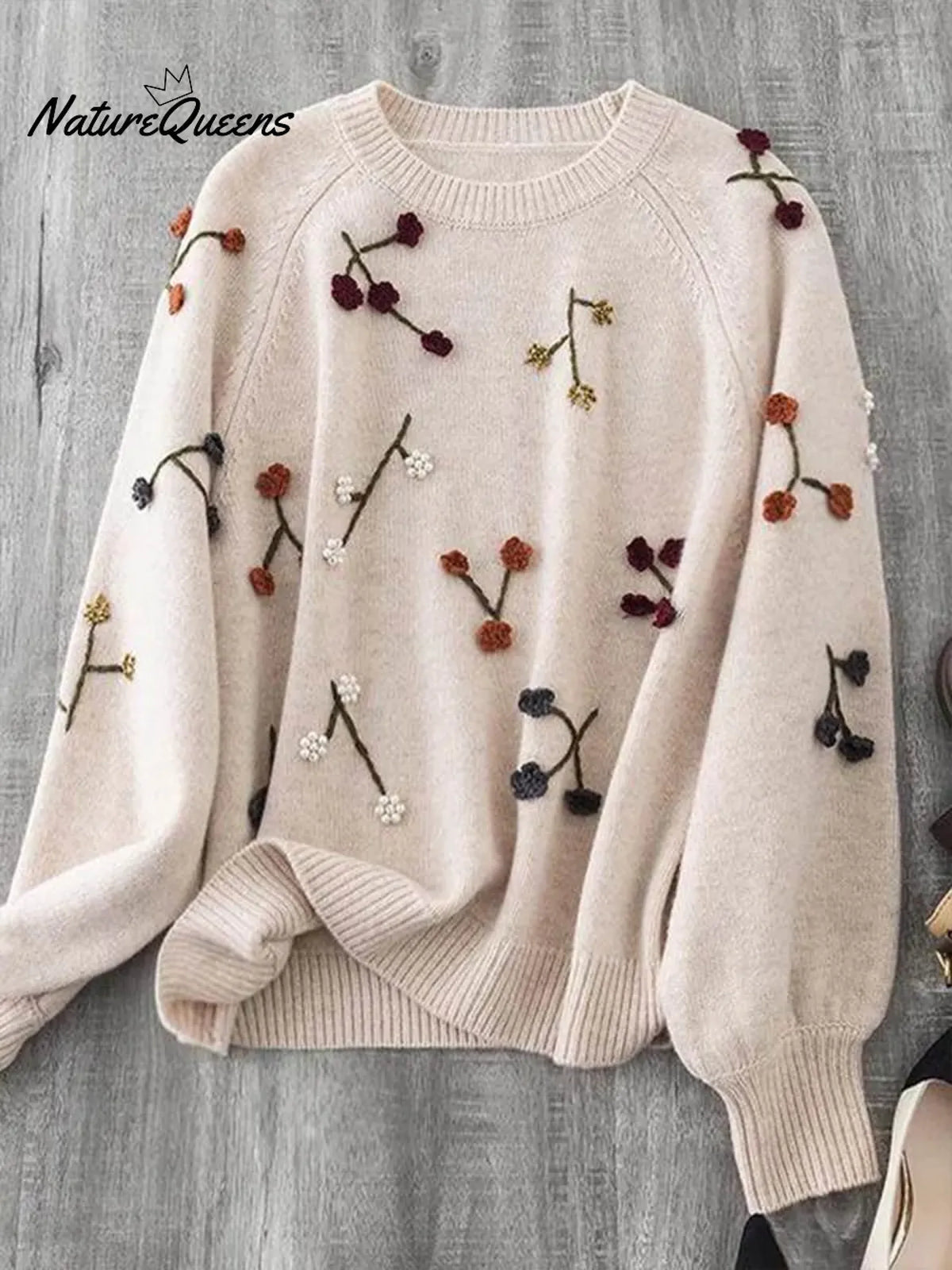 Women's Cozy Three-dimensional Embroidered And Beaded Pullover Sweater