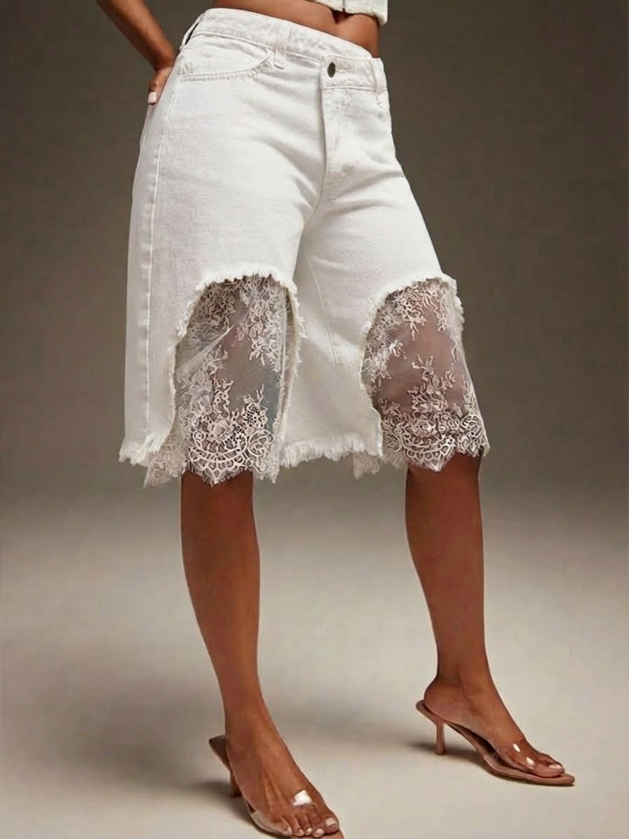 Casual Patchwork Lace Denim Jeans