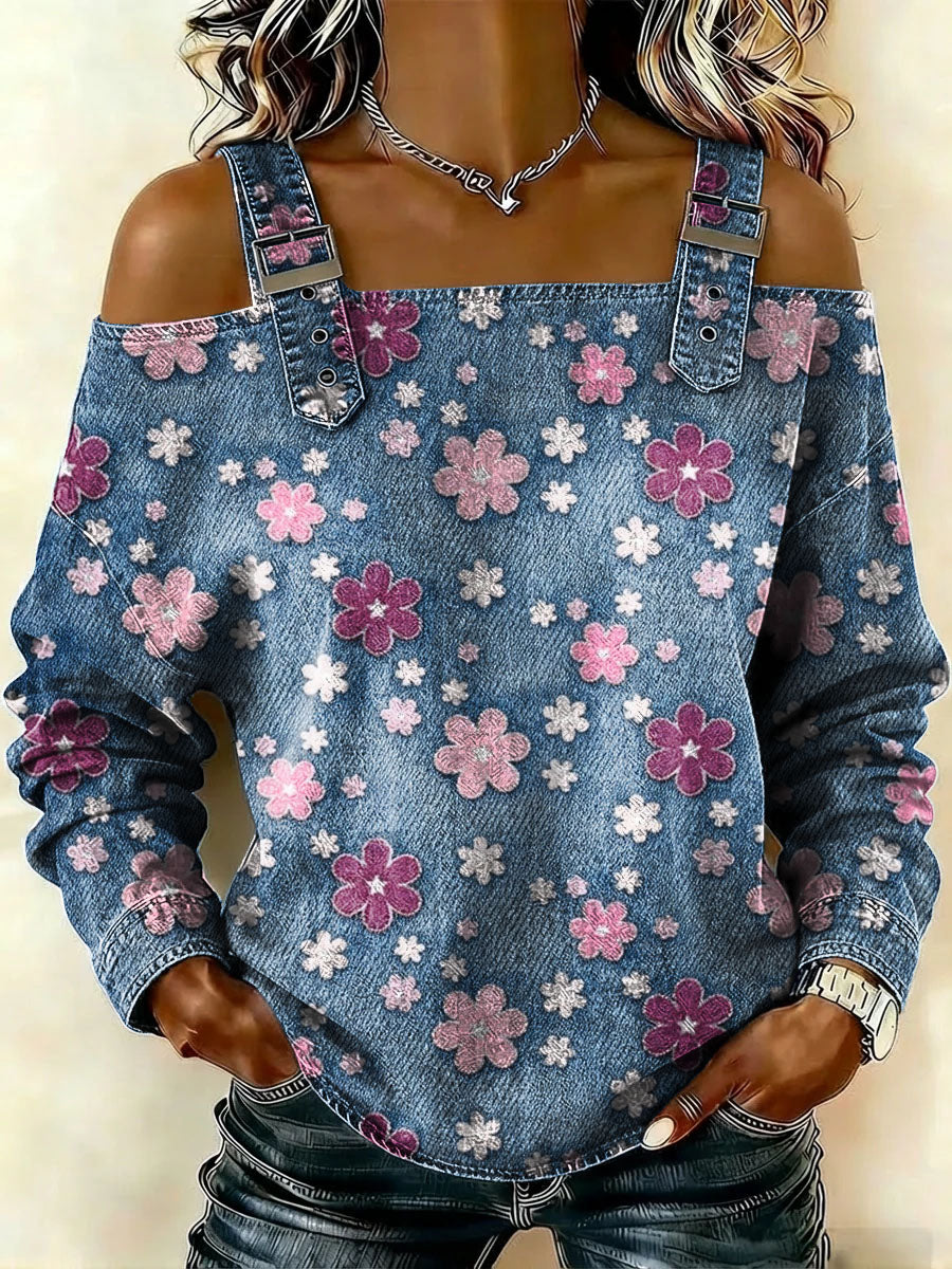 Women‘s Cute Flower Art Print Casual Cotton Denim Shirt
