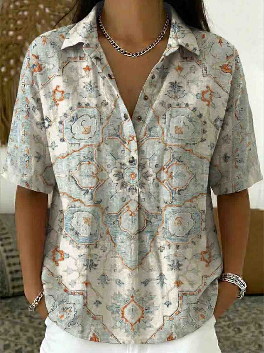 Women’s Flower Print Cotton Linen Polo Shirt