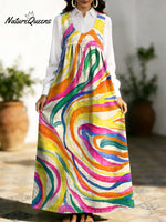 Women's Retro Geometry Colorful Square Pattern Art Print Casual Cotton Denim Dress