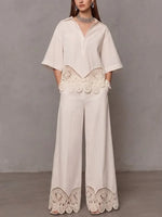 Cotton And Linen Lace Wide-leg Pant Set