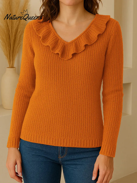 Women's Solid Color V-Neck Long Sleeve Ruffle Knit Top