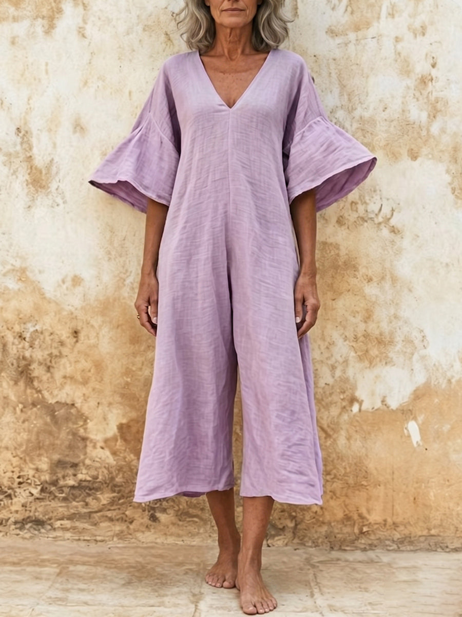 Minimalist Loose-fit Cotton-linen Jumpsuit With Flared Sleeves