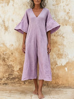 Minimalist Loose-fit Cotton-linen Jumpsuit With Flared Sleeves