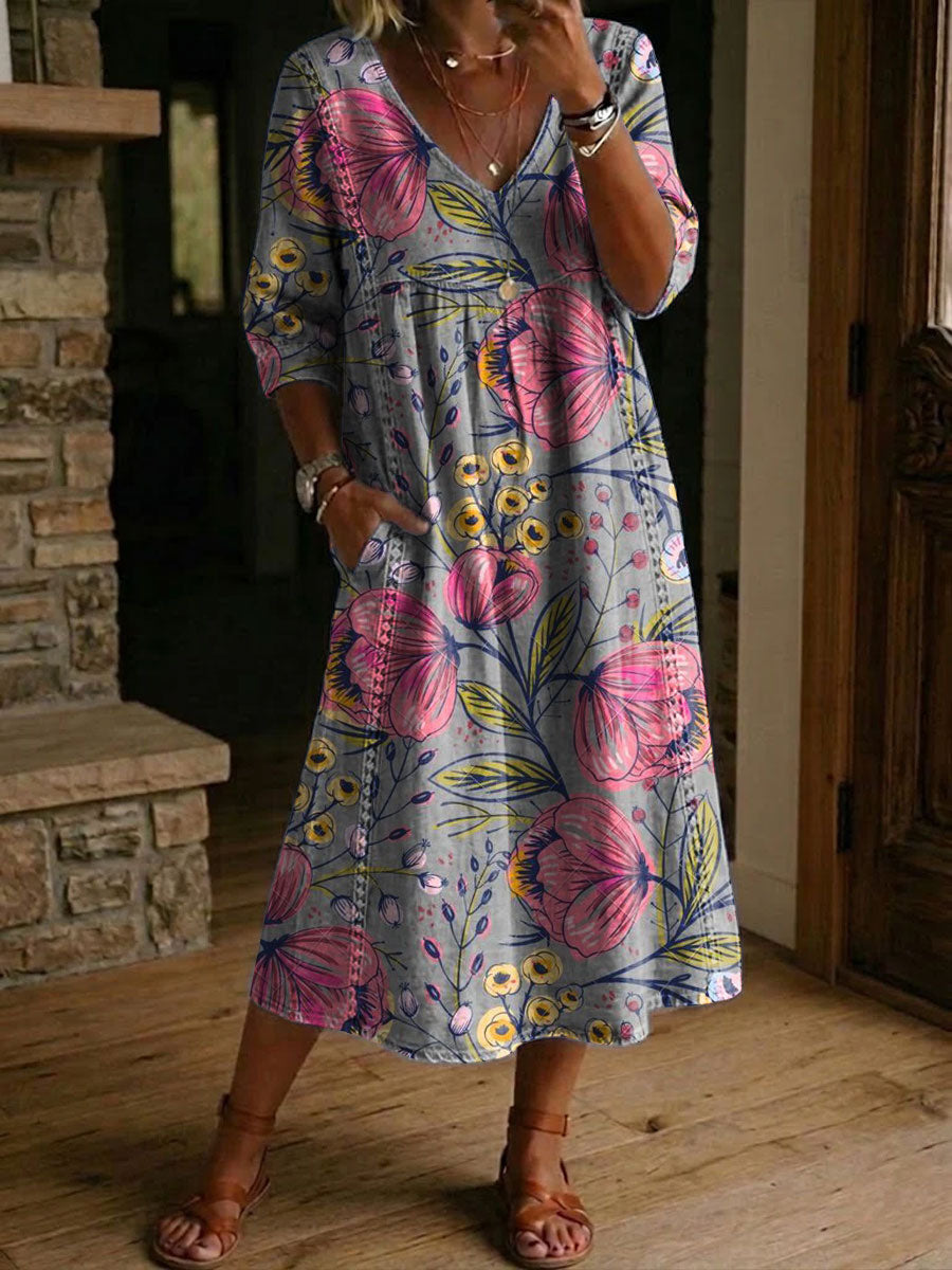 Women's Flower Print Casual Loose-fit Cotton-linen Dress With Lace Trim And Paneling