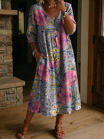 Women's Flower Print Casual Loose-fit Cotton-linen Dress With Lace Trim And Paneling