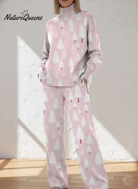 Retro Pink Christmas Tree Printed Casual High-neck Top And Straight-leg Pants Set
